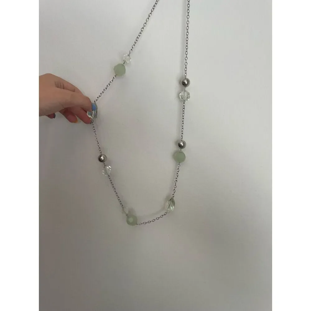 Silver and Green Long Fishhook Necklace